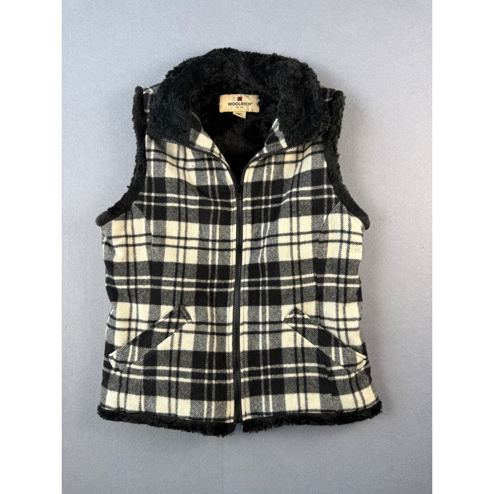 Woolrich Womens Small Black White Plaid‎ Faux Fur Lined Full Zip Fleece Vest